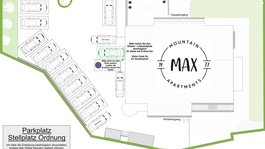 Alle Infos über deine Ferienwohnung im Stubaital ➔ Lageplan des Mountain Max Apartments mit markierten Parkplätzen und Elektro-Ladestation